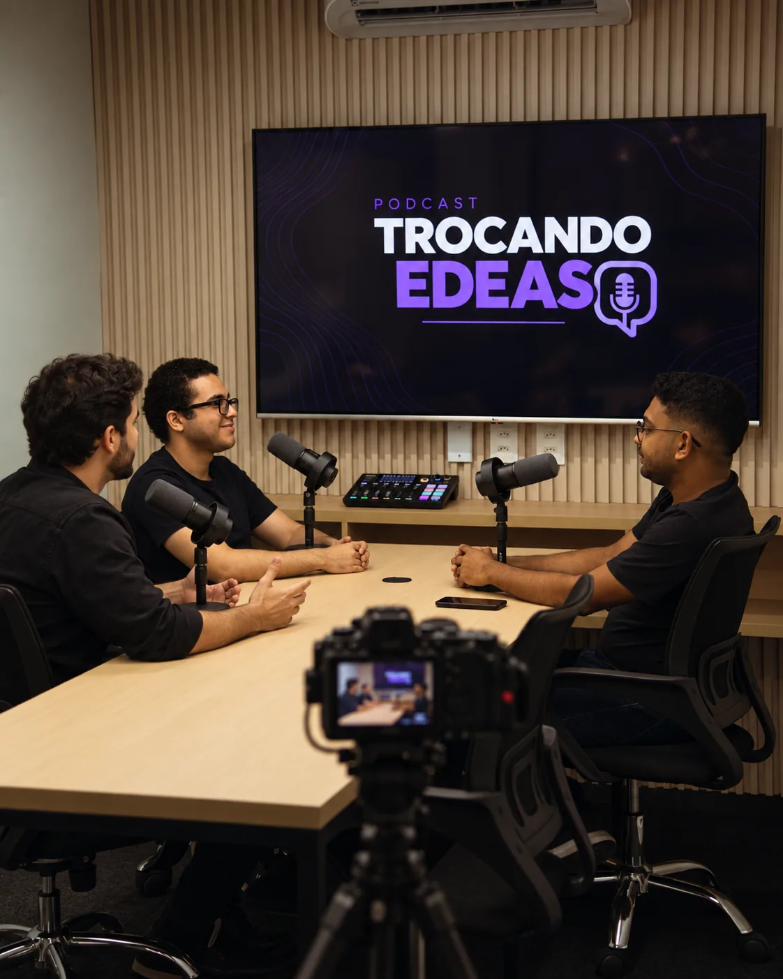 Gravação do podcast da Edeas no estúdio da agência